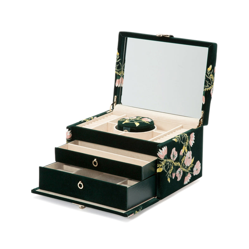 Forest green velvet medium jewelry box with floral lid, open compartments and drawers