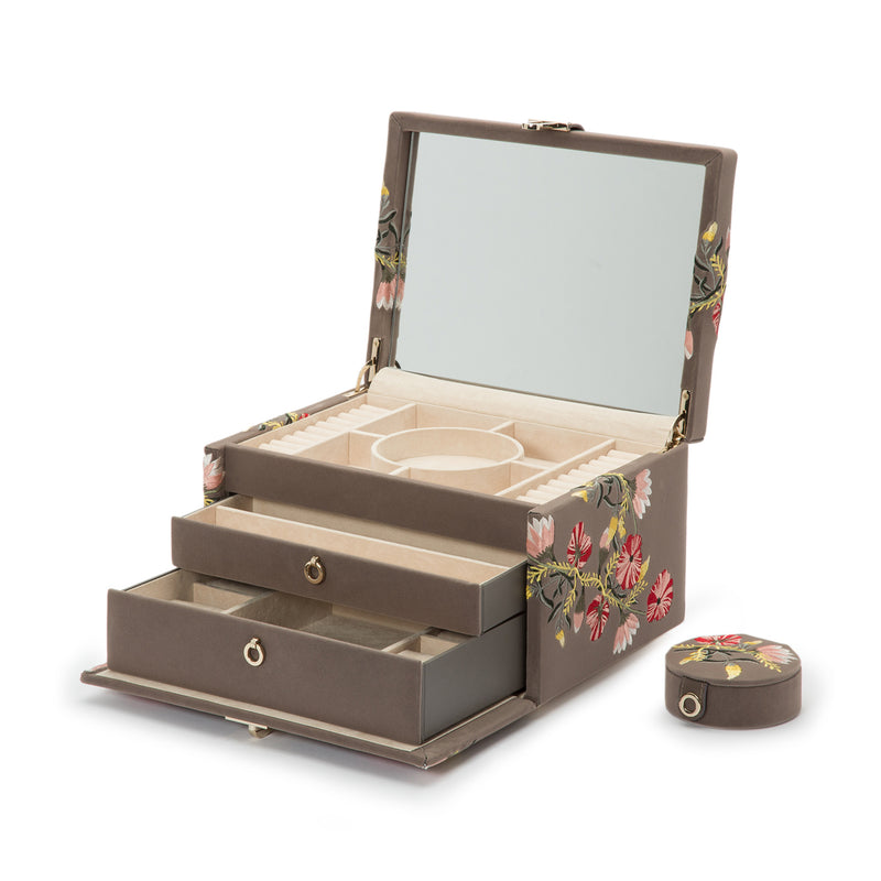 Mink velvet medium jewelry box with open lid, drawers, ring compartment, floral sides