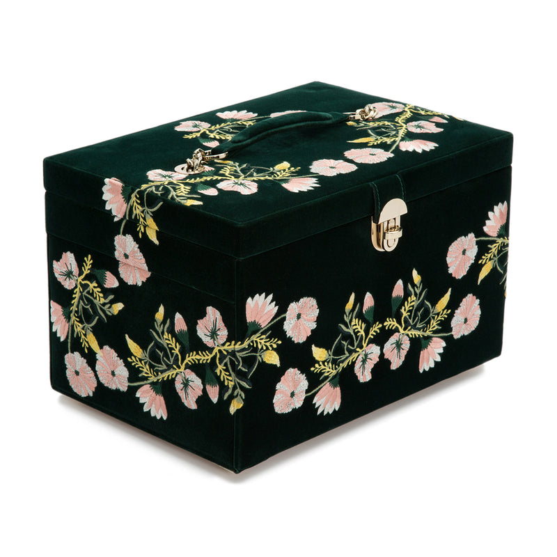 Forest green velvet jewelry box with floral embroidery, metal latch and top handle