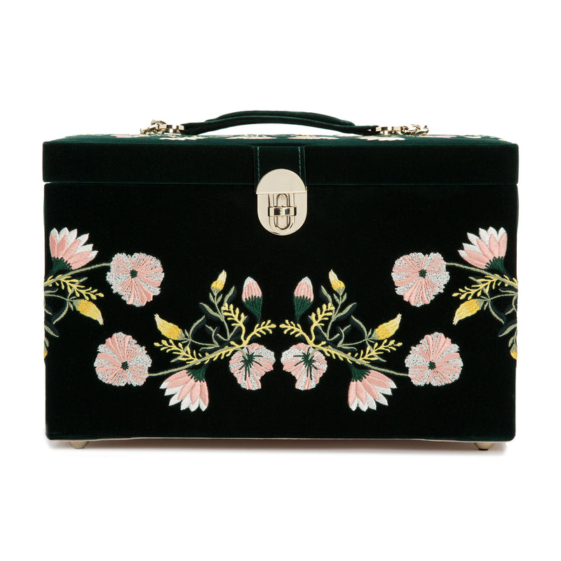 Forest green velvet jewelry box front with floral embroidery and silver-tone clasp