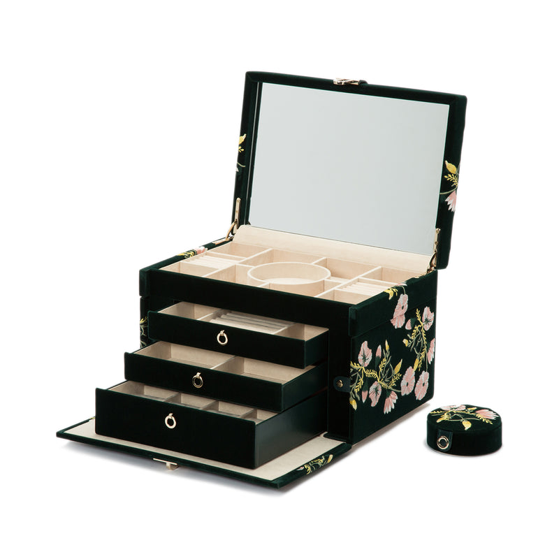 Forest green velvet jewelry box open with mirror, stacked drawers, and small ring tray
