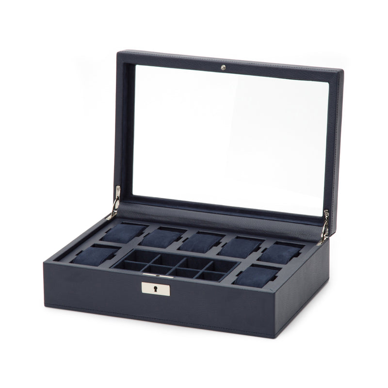 Navy leather watch box with open lid and multiple cushioned watch slots