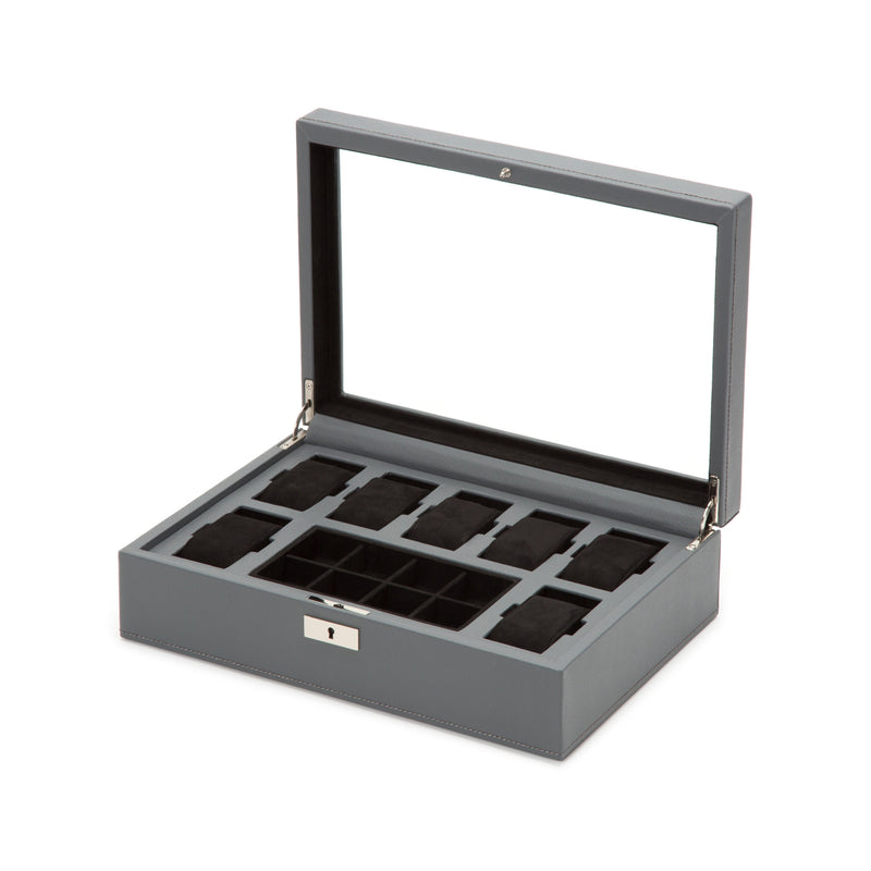 WOLF Howard gray leather watch box, open with padded compartments for watches
