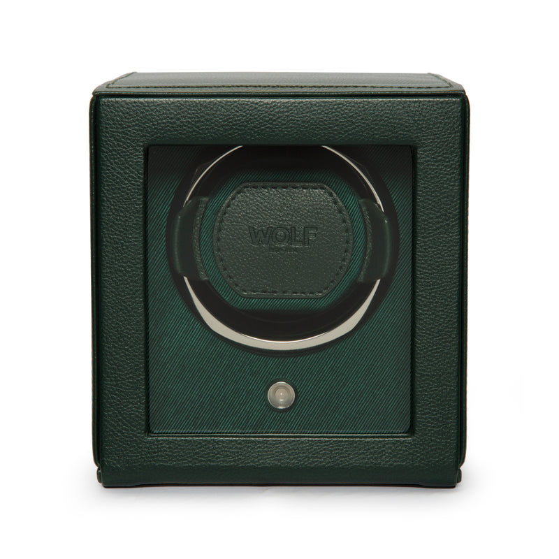 WOLF Cub green vegan leather watch winder with circular front window and WOLF logo