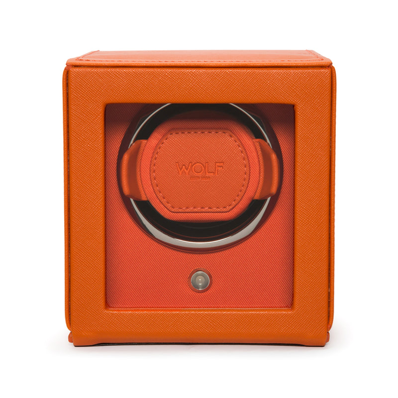 Orange vegan leather watch winder with round viewing window and small center control button