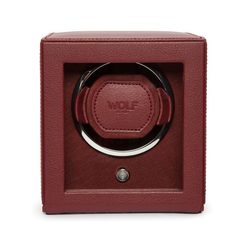 WOLF Cub bordeaux vegan leather watch winder with circular cradle and logo patch