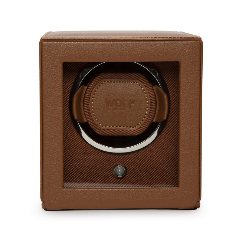 Cognac vegan leather watch winder with front circular winder and WOLF logo