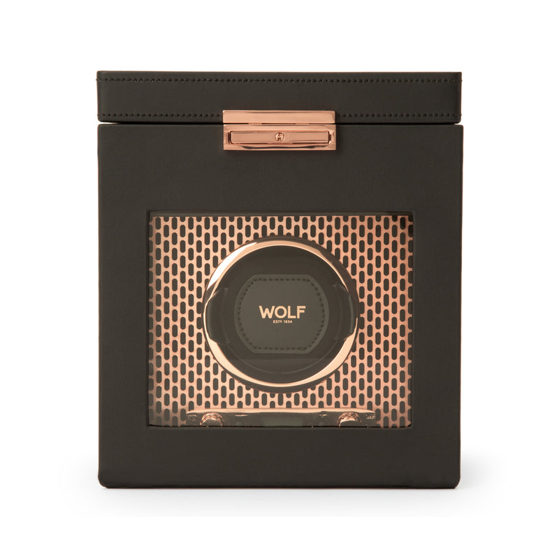 Single watch winder with storage, dark box with rose-gold latch and WOLF logo dial