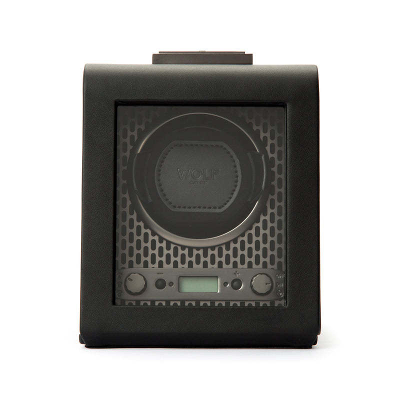 Single watch winder with black housing, circular dial and LCD display, WOLF logo