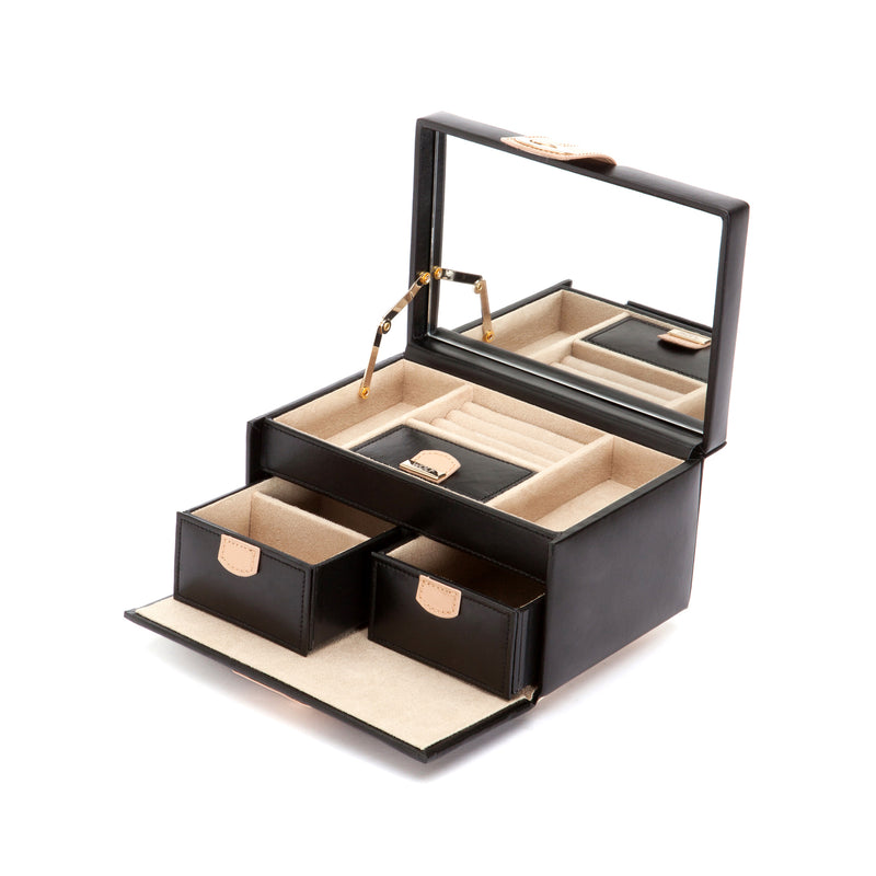 Small black leather jewelry box, open with tray compartments and beige lining