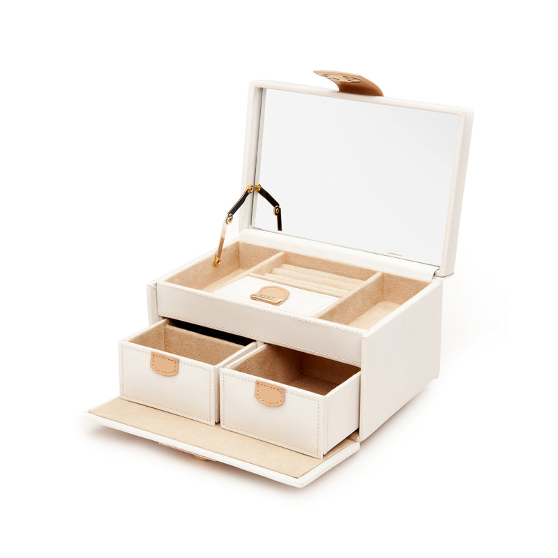 WOLF Chloe small jewelry box, white leather with tan interior and open compartments
