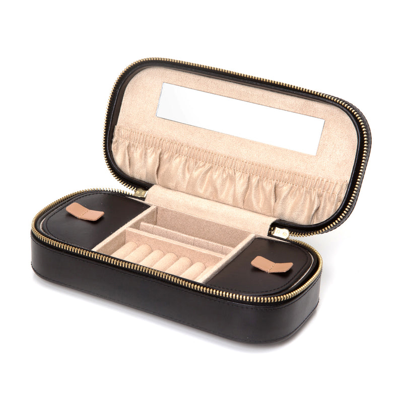 WOLF Chloe black leather jewelry travel case, open with zip and compartment lining