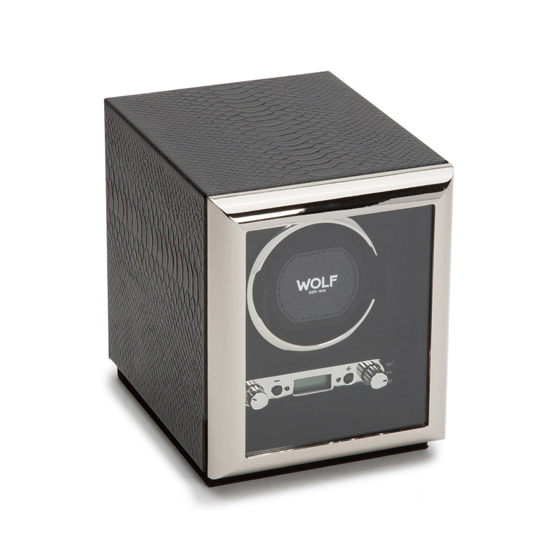Single watch winder with black textured leather-look box and silver trim, WOLF logo front