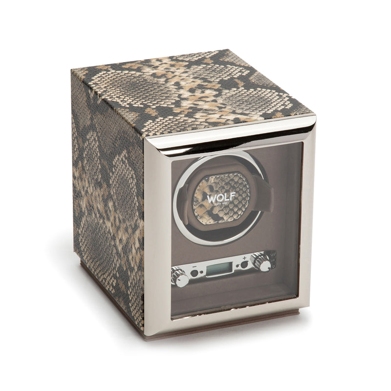 Single watch winder with tan snakeskin-style casing, windowed dial and WOLF control panel