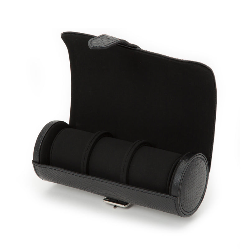 Black leather triple watch roll with three cushioned slots, snap closure