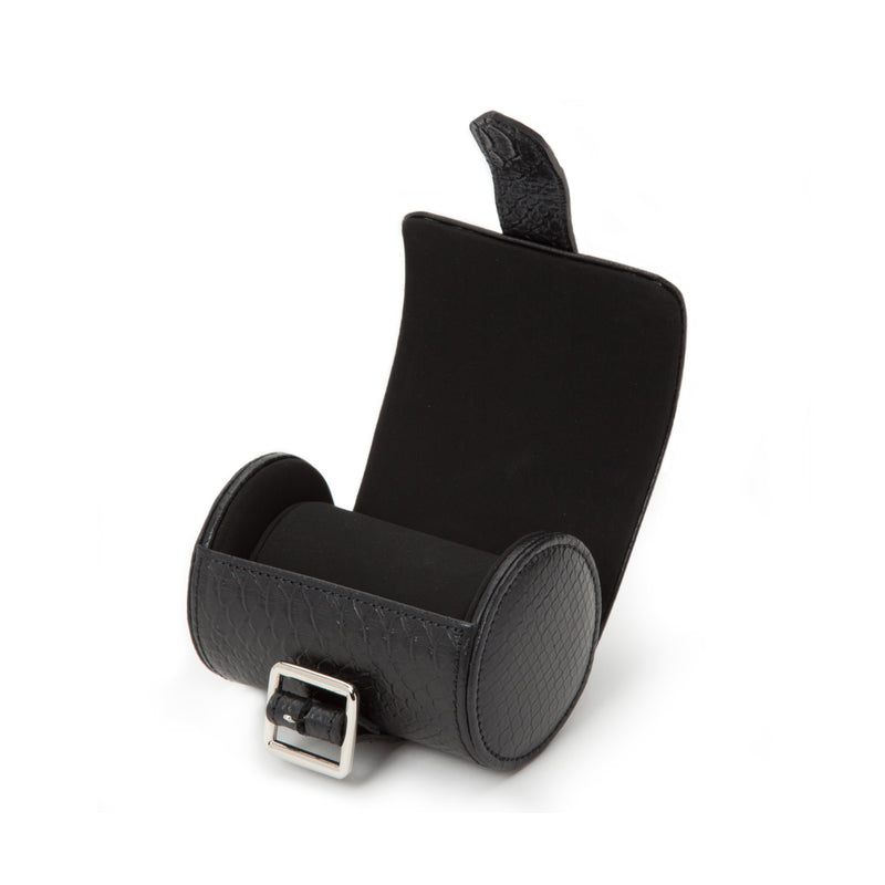 WOLF Exotic black leather single watch roll with hinged flap and metal buckle