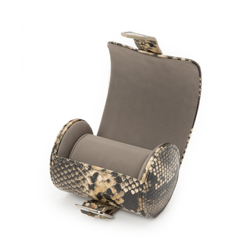 Exotic tan leather single watch roll with patterned exterior and clasp closure