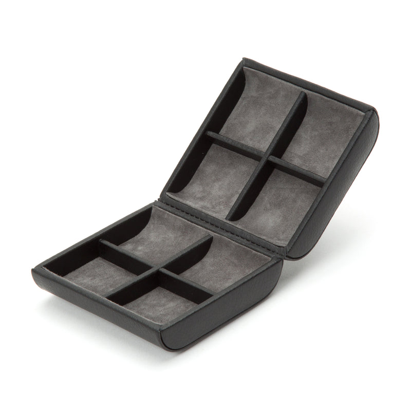 Black leather cuff link box with 4 compartments, open