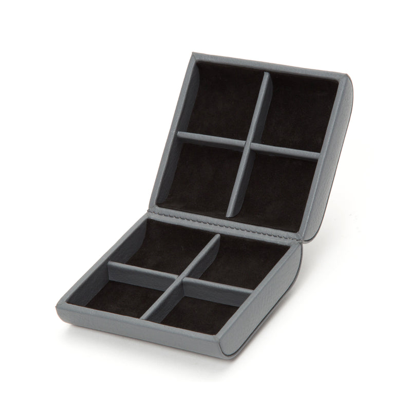 Gray leather 4-compartment cuff link box, open with inserts