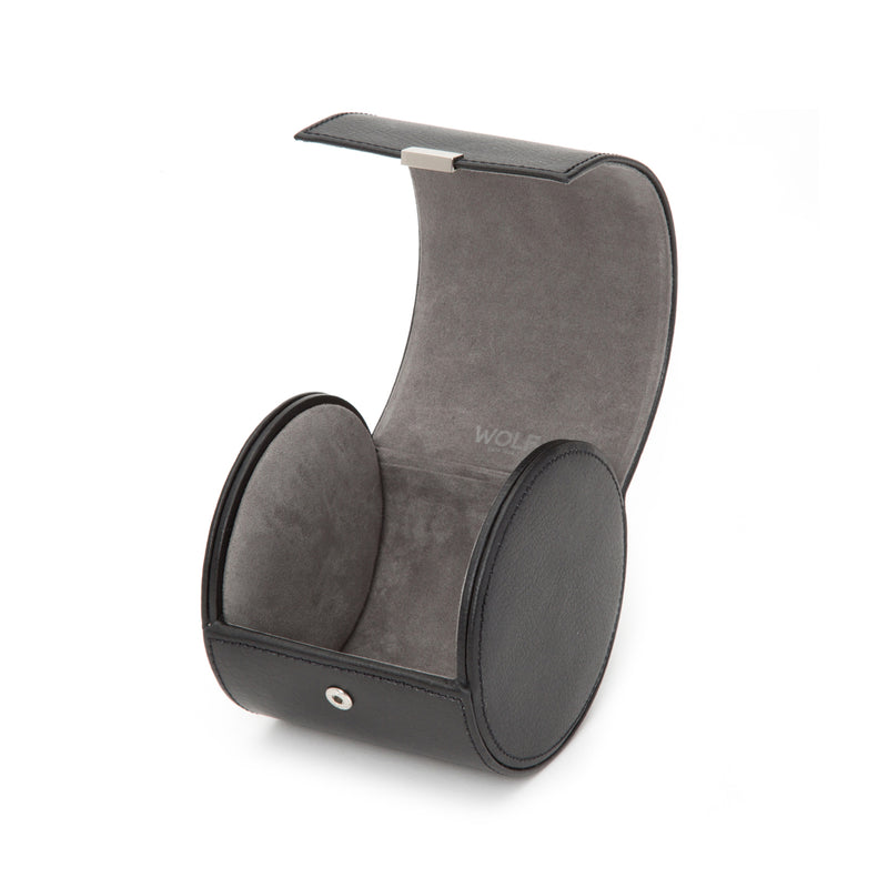 Black leather tie roll case with hinged opening and gray suede-style interior
