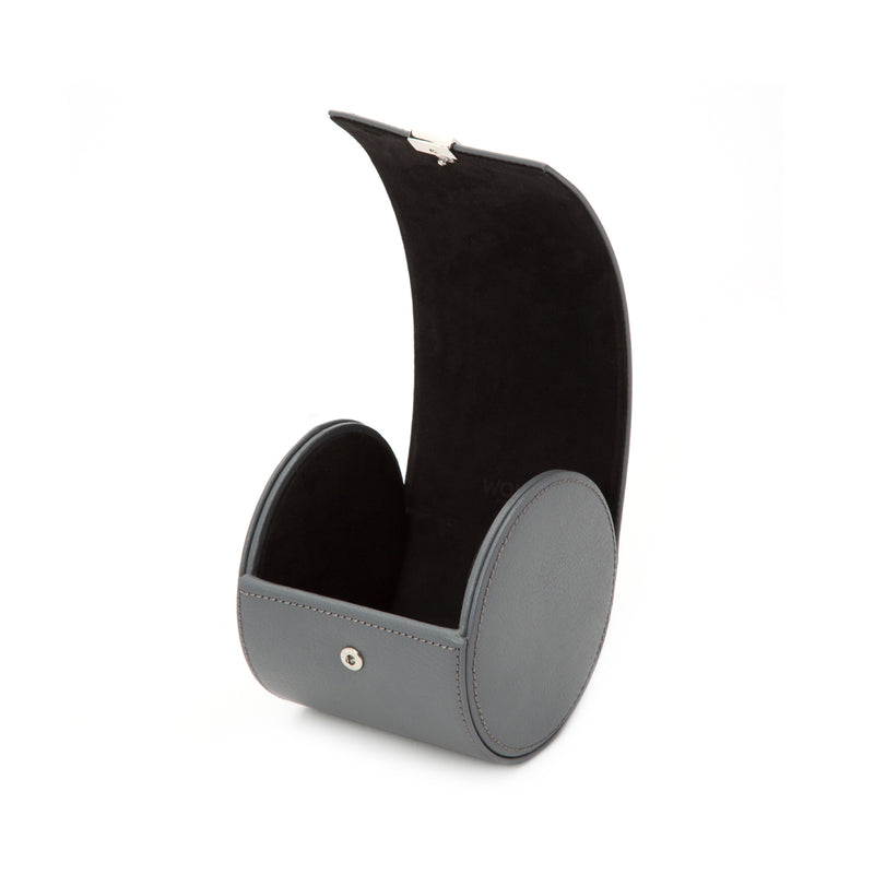 Dark leather tie roll with open top and smooth oval side pocket