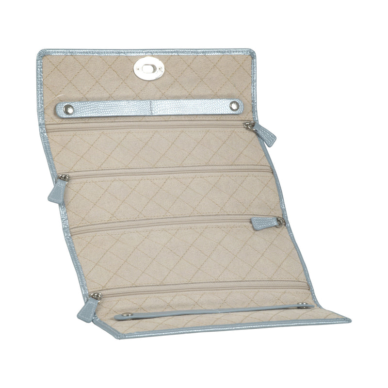 Ice blue leather jewelry roll with quilted interior, snap strap, and zip pockets