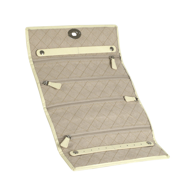 Cream leather jewelry roll, open with compartments and snap button straps