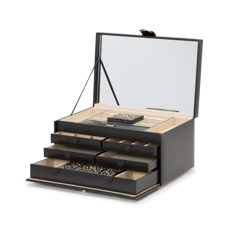 Black leather large jewelry box with open lid, mirror, and layered drawers for jewelry