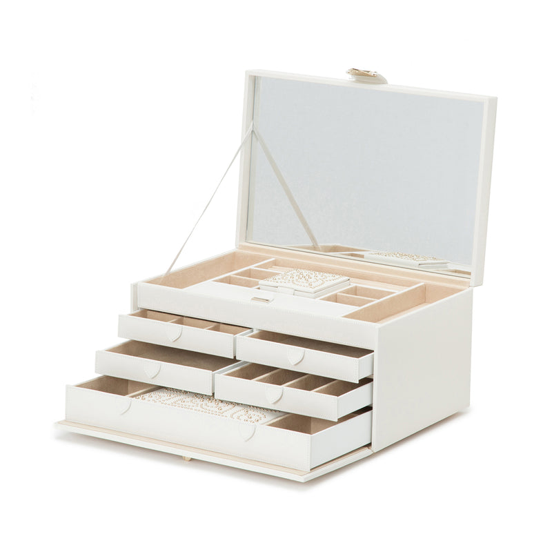 Cream leather large jewelry box, open with layered compartments and ring pads