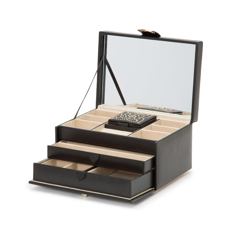 Black leather medium jewelry box with open lid, drawers, and ring compartments
