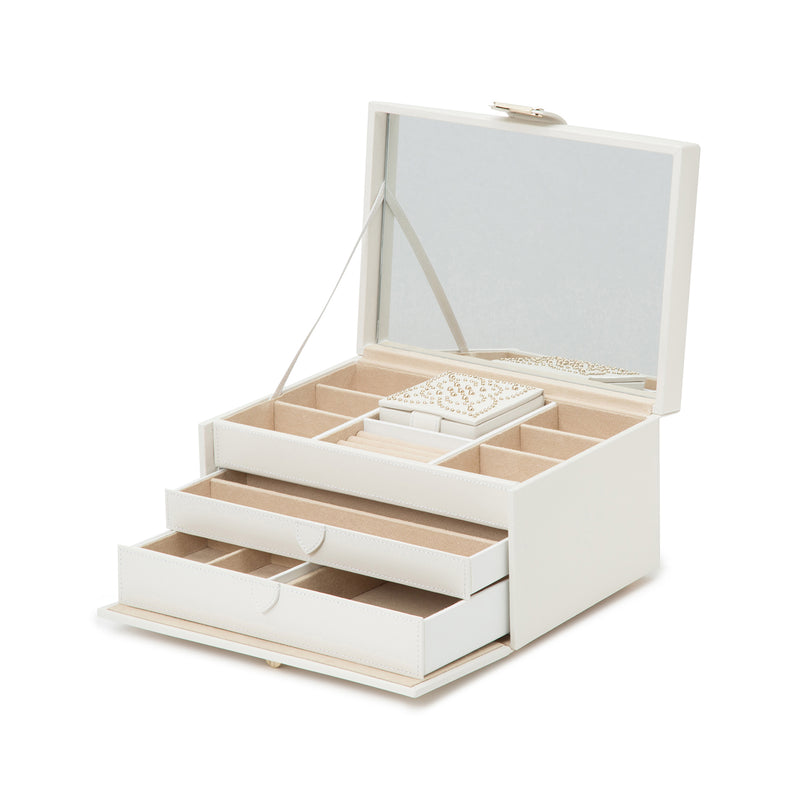 Cream leather medium jewelry box, open with compartments and ring cushion