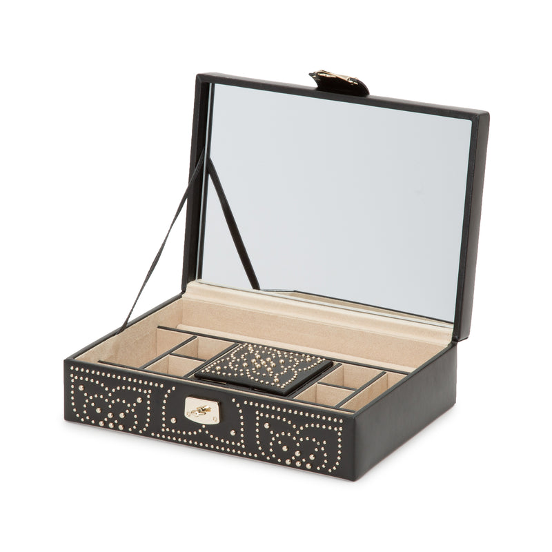 WOLF Marrakesh black leather flat jewelry box with hinged lid and compartments