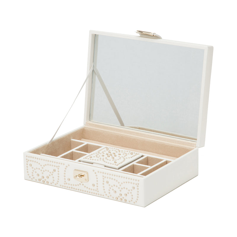 WOLF Marrakesh cream leather flat jewelry box with patterned compartments and open lid