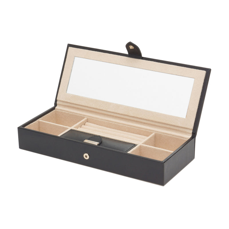 WOLF Marrakesh black leather jewelry box with open lid and padded compartments