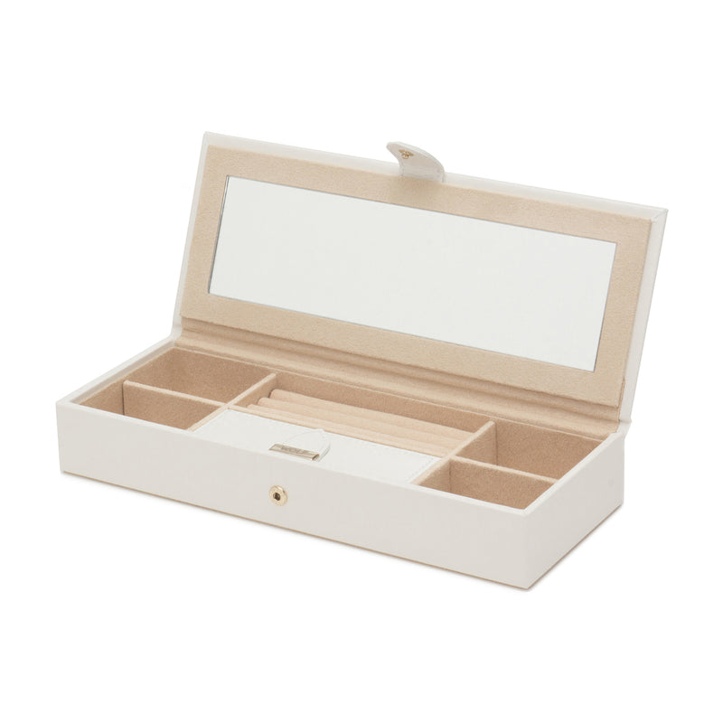 Cream leather safe deposit jewelry box with open lid, divided compartments and latch