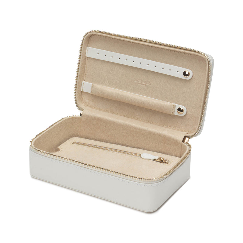 Cream leather travel zip case, open with organizer slots and zip closure