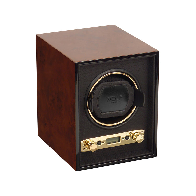 Single watch winder in burlwood wood with black panel, circular winder and gold controls