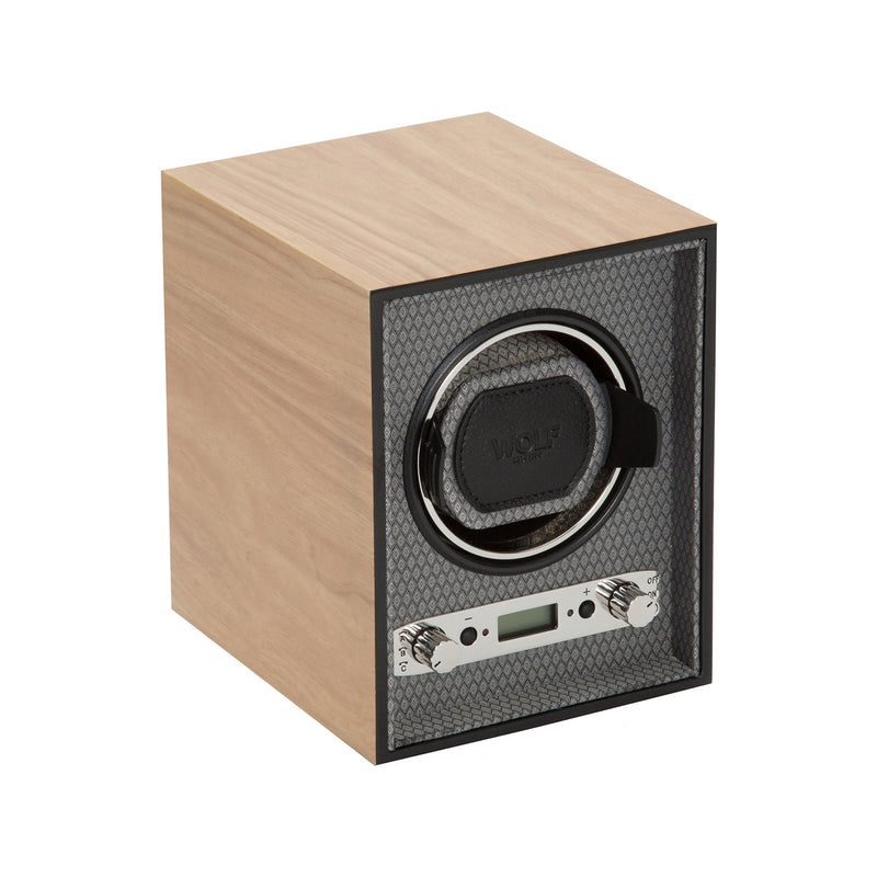 Blonde wood single watch winder with black textured door and padded winder cradle
