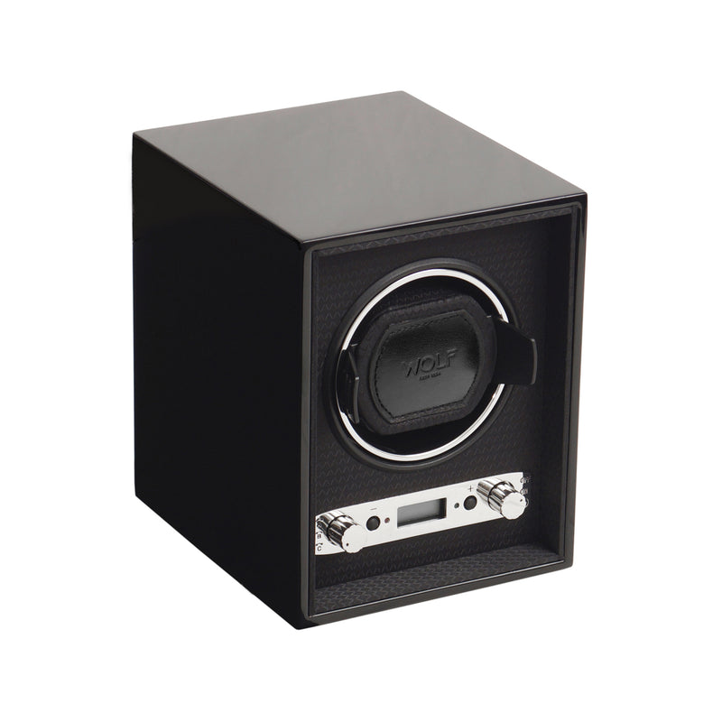 Black single watch winder box with circular watch cradle and front control buttons
