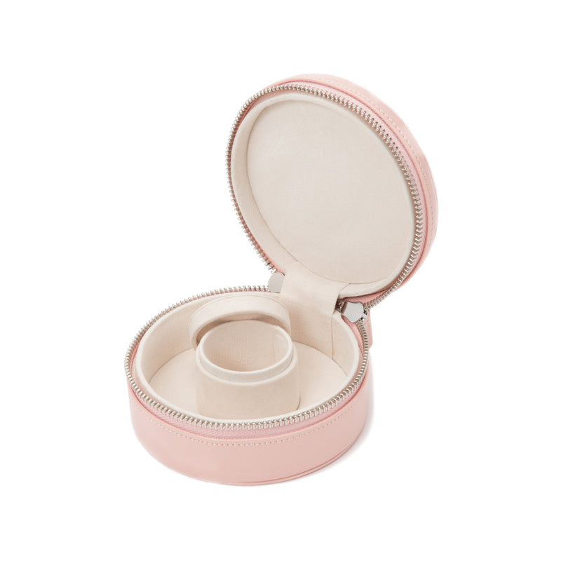 Rose quartz pink leather mini zip case, open with light beige lining and small ring pouch