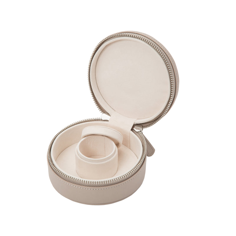 WOLF Sophia mink leather mini zip case, round top, open with padded ring holder inside