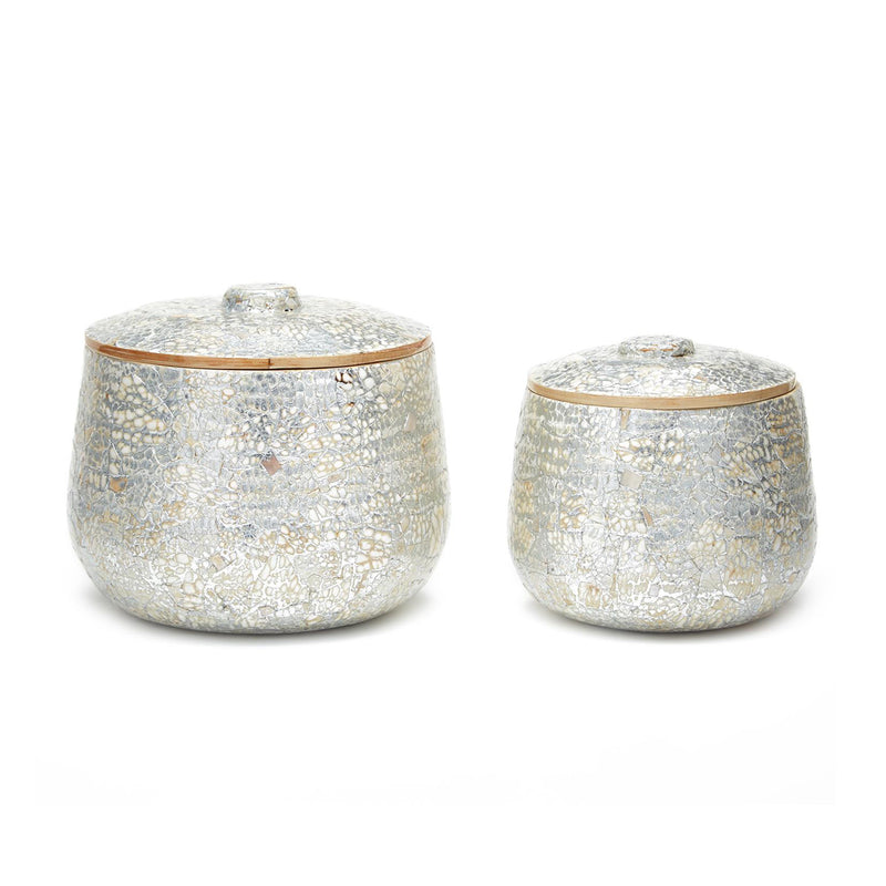 Set of 2 silver eggshell storage boxes with bamboo lids, textured mosaic finish