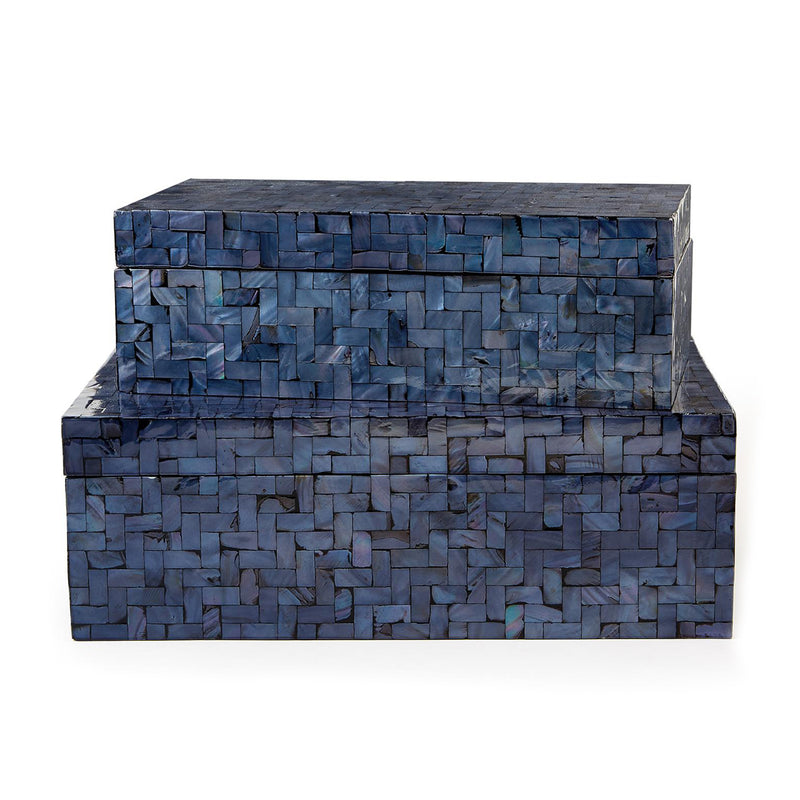 Set of 2 midnight blue herringbone decorative storage boxes, stacked, textured