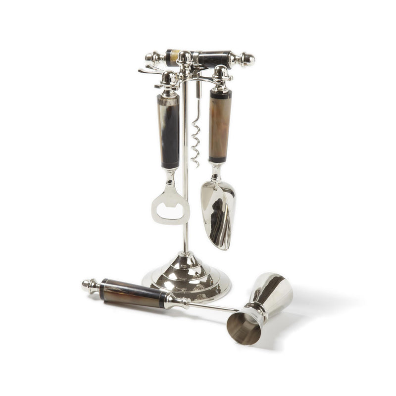 Chrome horn-handle bar tools set, four pieces: corkscrew and bottle opener