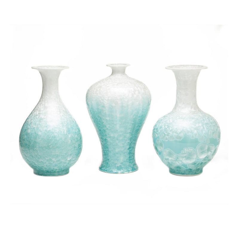 Set of 3 celadon mother-of-pearl effect vases in teal, bulb and neck shapes