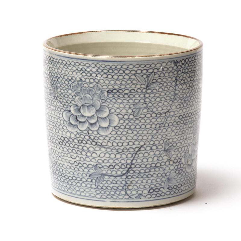 Ceramic planter vase with blue-and-white chrysanthemum and lattice pattern