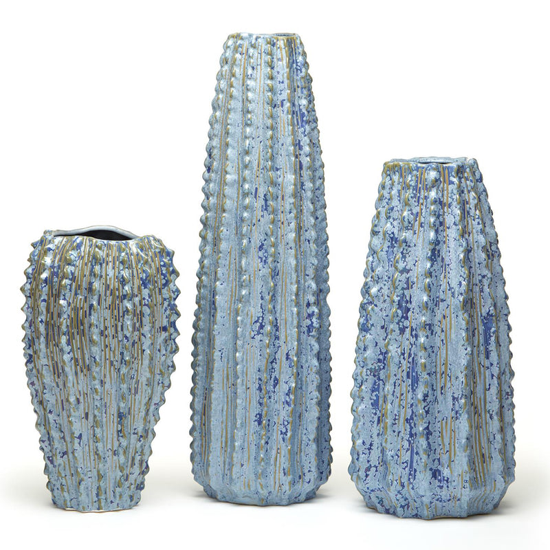 Set of 3 blue ribbed ceramic vases in three heights, vertical fluted texture
