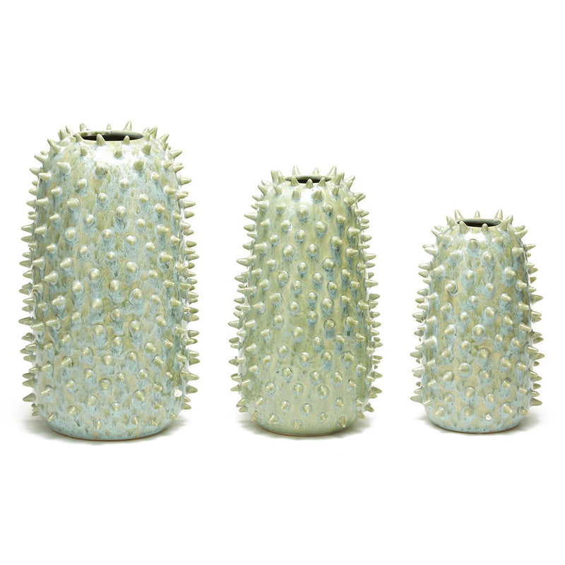 Set of 3 ceramic vases with pale green spiked texture