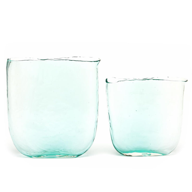 Set of 2 aqua glass vases with rounded bodies and wide, flared rims