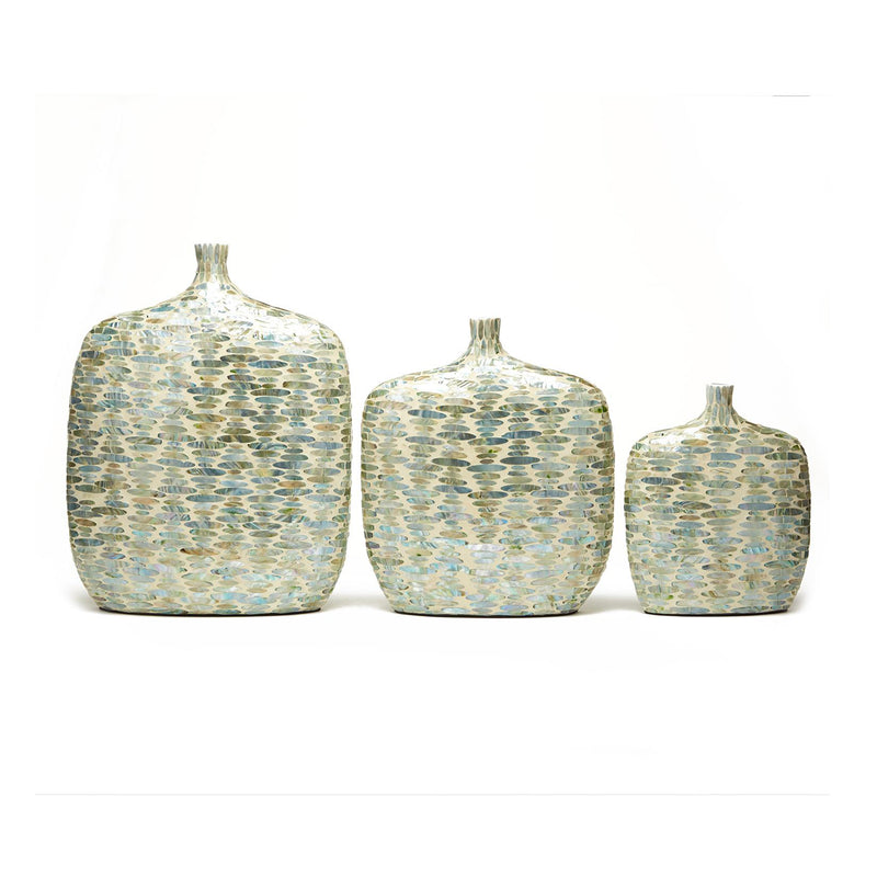 Set of 3 lacquered jug vases with teardrop shape, light blue patterned finish